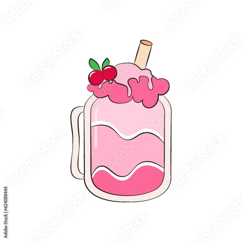 Milkshake vector illustration. Cartoon isolated glass cup with milk drink. Cocktail dessert with strawberry cream. Milk shake cartoon