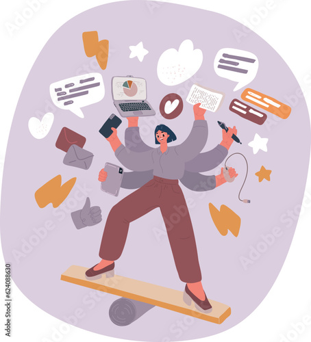 Vector illustration of business concept of businesswoman practicing meditation. Girl with many arms and doing many tasks at the same time. Multitasking. Time management.