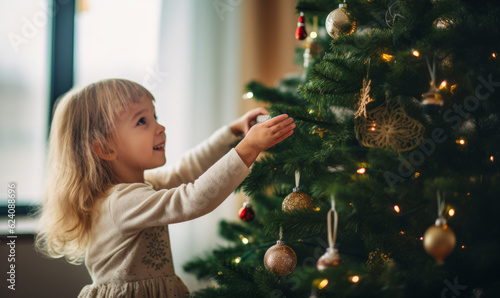 A young girl helps to decorate a christmas tree with festive decorations