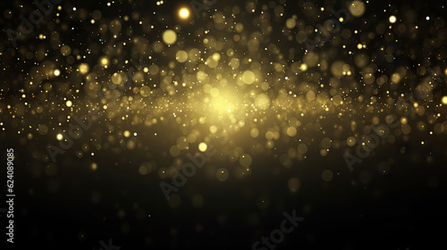 Sparkling Gold Glitter Particles Falling Stars and Radiant Light Flare in Abstract Background. created with Generative AI