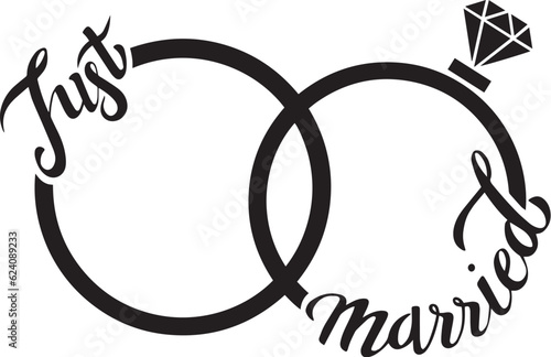 just married lettering with rings vector illustration logo