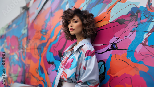 Fotografiet Schöne Model Frau im bunten Oberteil und und Graffiti Wand im Hintergrund Porträ