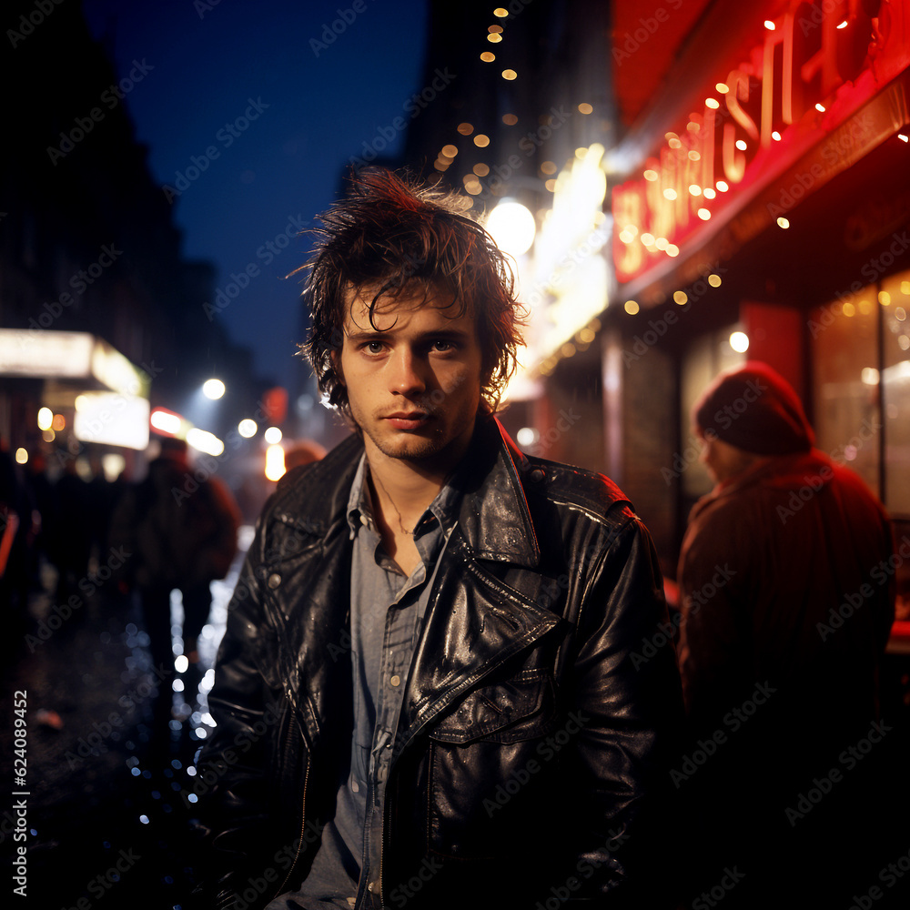 portrait of a brunette male, man person in the city at night wearing a leather motorcycle jacket , holding a guitar outside a rock club , rock and roll attitude , rock star , looking back at camera