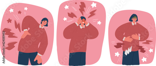 Vector illustration of Unwell Woman suffering from stomachache, headache, chest pain. Girl having period, premenstrual syndrome, PMS. Painful face expression. Set of sick people.