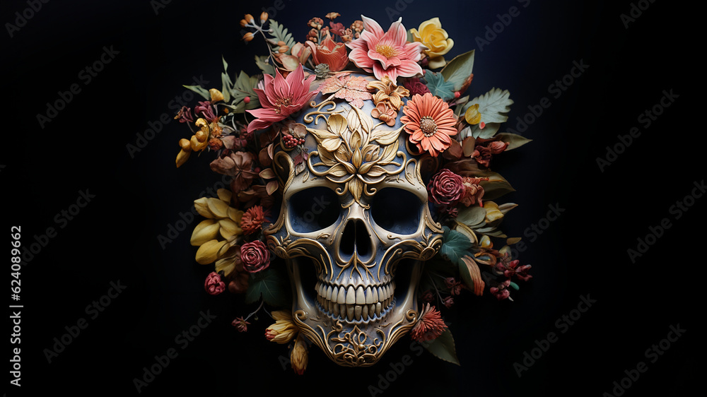 Totenkopf Maske mit bunten Blumen für die spanische Religion Dia de los Muertos, ai generativ
