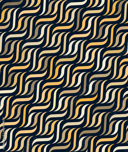 Seamless repeating pattern with rippled geometric elements in yellow and white on a black background. Retro wavy design. Weave effect. Graphic textile texture. Vector illustration.