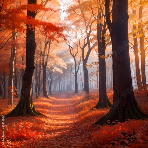 A vibrant autumn forest with a carpet of red and orange leaves and a cool breeze.