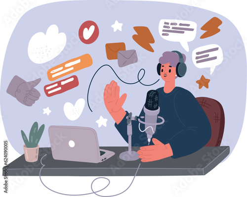 Vector illustration of female blogger, streamer, podcaster. Woman with laptop, microphont and earphones use laptop and make cahnel, broadcast or blog.
