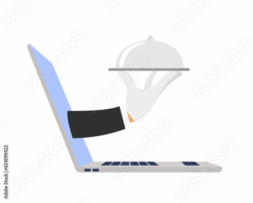 Hand holding food tray for serving via online concept for safe grocery delivery, ordering food online from website