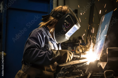 Woman in welding helmet working on piece of metal in workshop, sparks flying around - Female welder, workplace gender equality. Generative AI © Lubo Ivanko