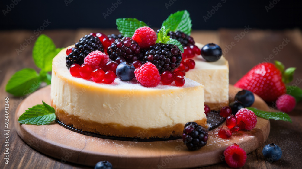 Full Homemade cheesecake with fresh berries fruit on top of it Full Homemade cheesecake with fresh berries fruit on top of it