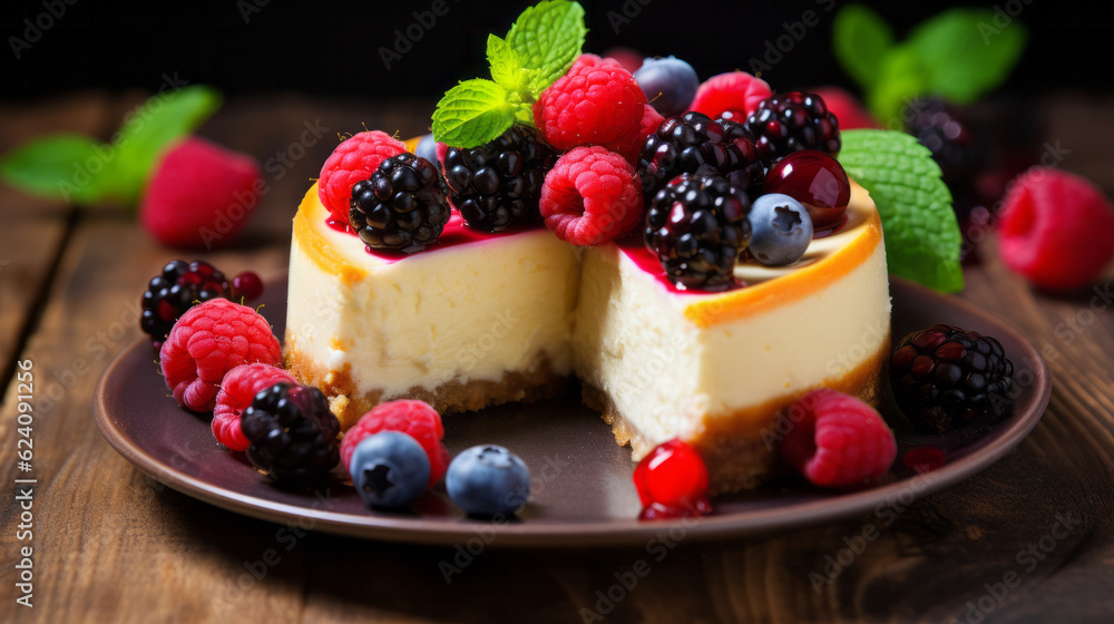 Full Homemade cheesecake with fresh berries fruit on top of it Full Homemade cheesecake with fresh berries fruit on top of it