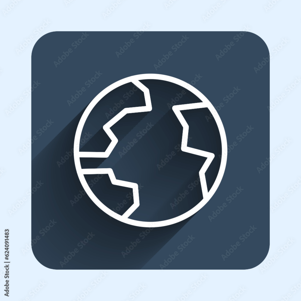 White line Worldwide icon isolated with long shadow background. Pin on globe. Blue square button. Vector White line Worldwide icon isolated with long shadow background. Pin on globe. Blue square button. Vector