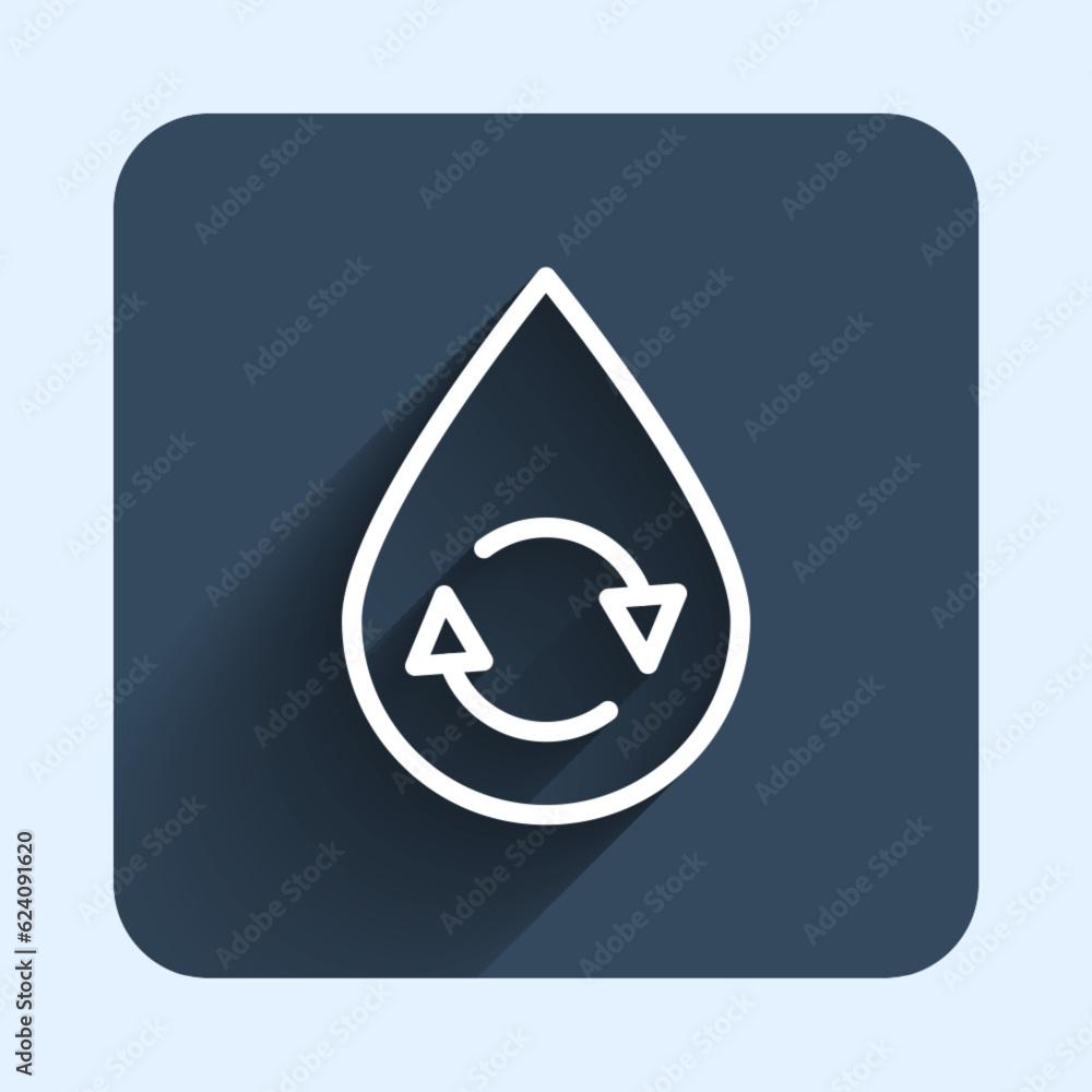 White line Recycle clean aqua icon isolated with long shadow background. Drop of water with sign recycling. Blue square button. Vector White line Recycle clean aqua icon isolated with long shadow background. Drop of water with sign recycling. Blue square button. Vector