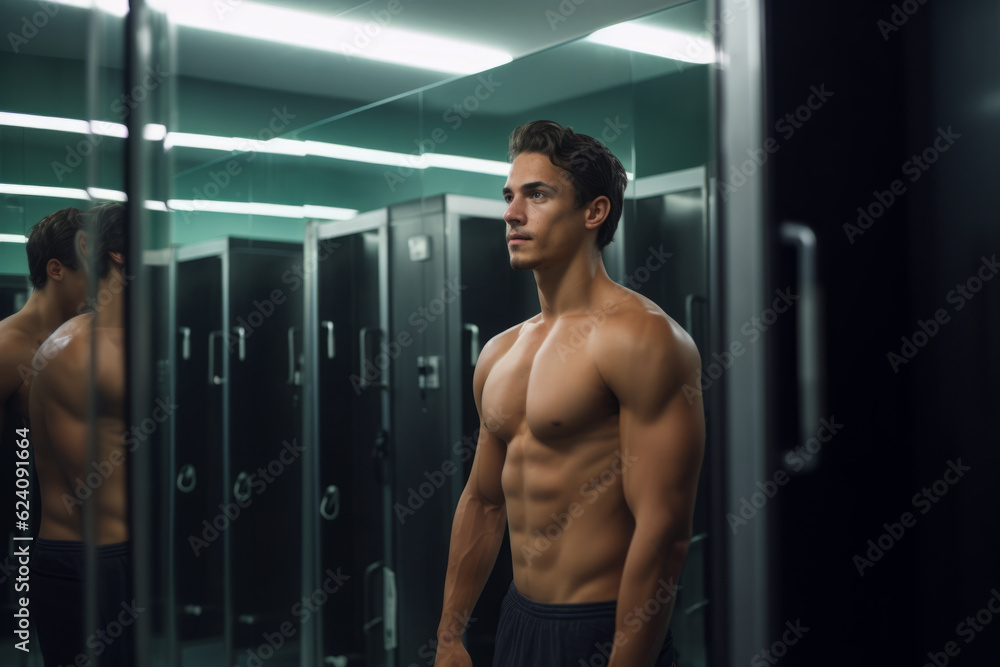 Portrait of a handsome young man in a locker room flexing in the mirror Portrait of a handsome young man in a locker room flexing in the mirror