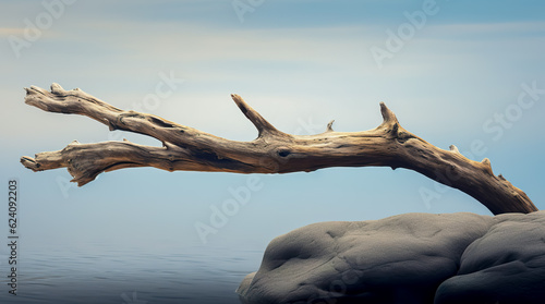 Dry tree twigs and white sand beach. Minimal background for summer concept. Generative AI