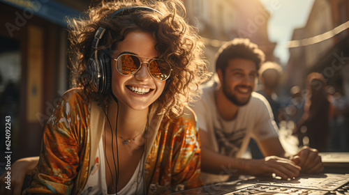 Young trendy people having fun hearing music with headphones