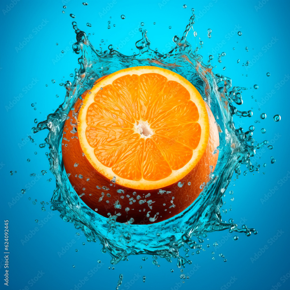 Falling orange fruit meets water in a splash, blue background. Lots of crystal drops. AI generative illustration. Falling orange fruit meets water in a splash, blue background. Lots of crystal drops. AI generative illustration.
