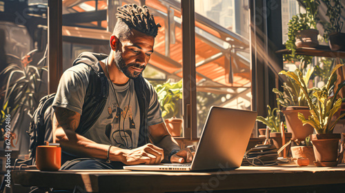 young man working at a laptop in a internet cafe