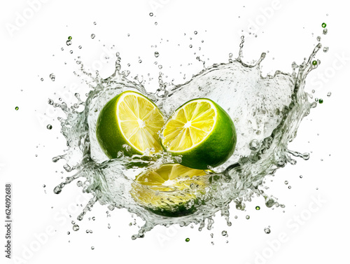 Falling cutted lime fruit meets water in a splash, white background. Lots of crystal drops. AI generative illustration.