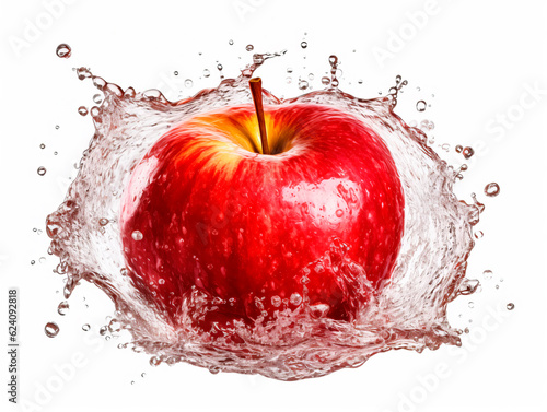 Falling apple fruit meets water in a splash, white background. Lots of crystal drops. AI generative illustration.