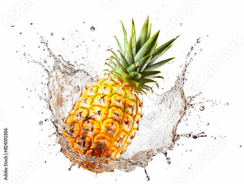 Falling pineapple fruit meets water in a splash, white background. Lots of crystal drops. AI generative illustration.