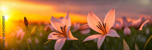 Field of lilies at sunset. Generative AI. 