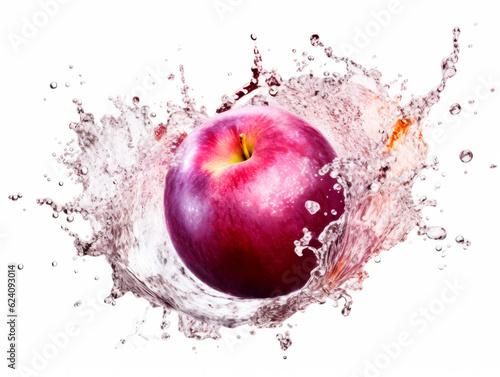 Falling plum fruit meets water in a splash, white background. Lots of crystal drops. AI generative illustration.