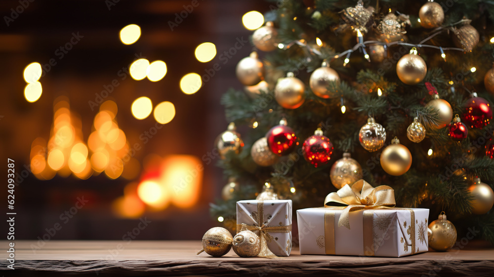 Festive Christmas Tree Adorned with Decorations and Gift. created with Generative AI Festive Christmas Tree Adorned with Decorations and Gift. created with Generative AI