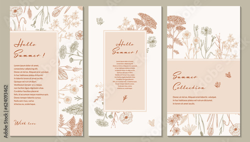 Summer vertical design with wildflowers. Hand drawn vector illustration in sketch style. Social media stories template. Meadow flowers poster. Wedding invitation