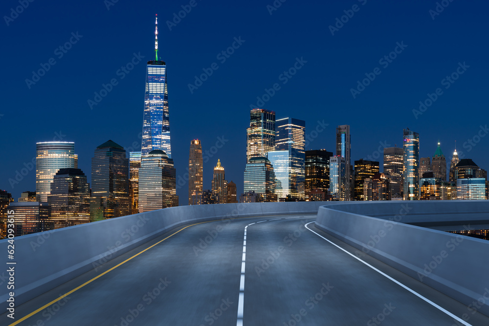 Fototapeta premium Empty urban asphalt road exterior with city buildings background. New modern highway concrete construction. Concept of way to success. Transportation logistic industry fast delivery. New York. USA.