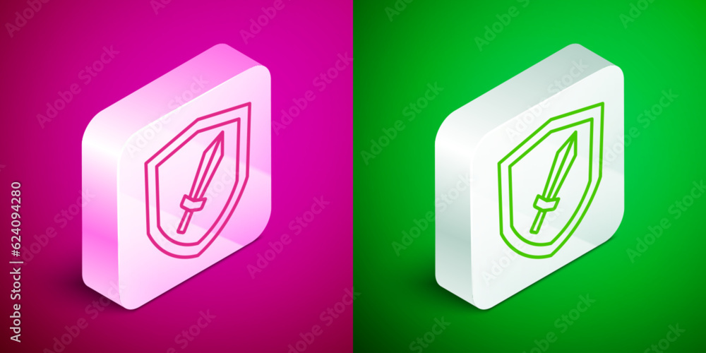 Isometric line Sword for game icon isolated on pink and green background. Silver square button. Vector Isometric line Sword for game icon isolated on pink and green background. Silver square button. Vector