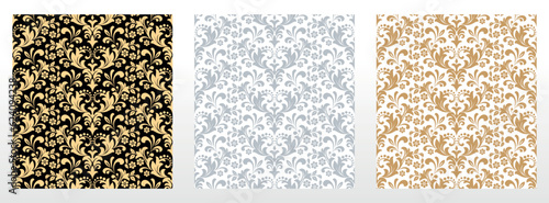 Wallpapers in the style of Baroque. Seamless vector backgrounds. Set of colored floral ornaments. Graphic patterns for fabric, wallpaper, packaging. Ornate Damask flower ornaments