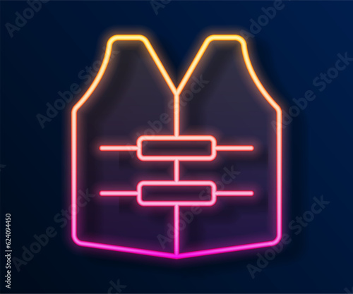 Glowing neon line Life jacket icon isolated on black background. Life vest icon. Extreme sport. Sport equipment. Vector