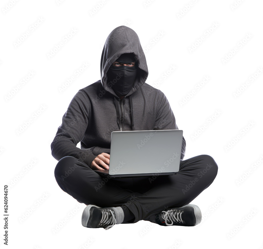 Hacker with laptop png, transparent background, isolated on white background, hacking and cyber security concept Hacker with laptop png, transparent background, isolated on white background, hacking and cyber security concept