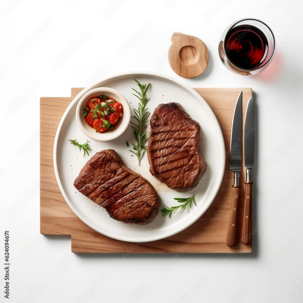 Grilled beef steak, top view of delicious grilled beef steak dinner in white plate with red wine in a glass. Generative AI.