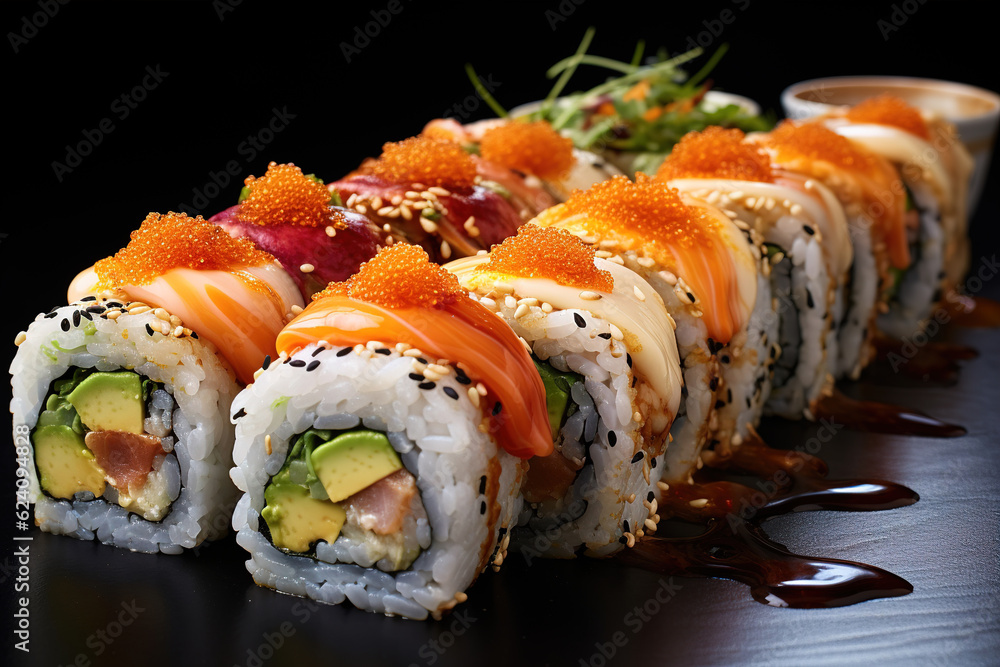 Sushi rolls with fish caviar and sauce on the table, close-up