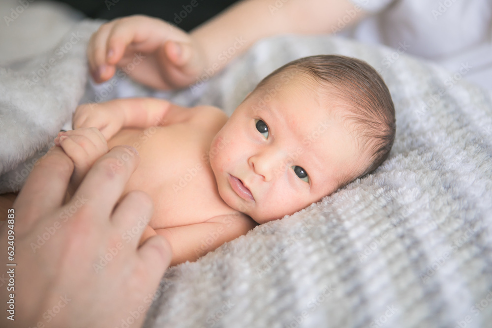 Portrait of father and his four son holding his newborn baby Portrait of father and his four son holding his newborn baby