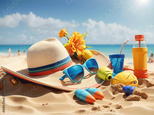 Sunbathing on Sand Beach in Summer Time Resort, Hat, Sunglasses, Tropical Time beside the Sea and the Sun, Generative Ai