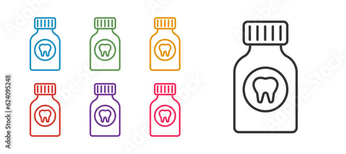 Set line Toothache painkiller tablet icon isolated on white background. Tooth care medicine. Capsule pill and drug. Pharmacy design. Set icons colorful. Vector