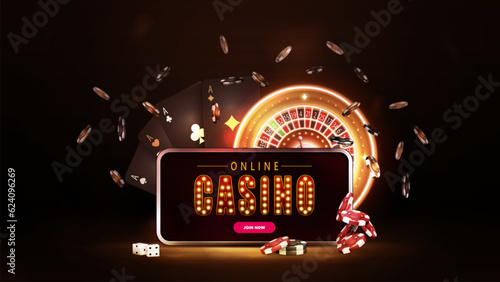 Online casino, dark banner with smartphone, neon roulette, cards and poker chips in black scene