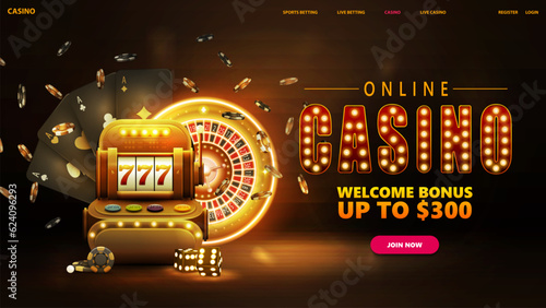 Online casino, gold banner for website with interface elements, title with gold lamp bulbs, gold casino slot machine with black playing cards, neon gold roulette, dice and chips