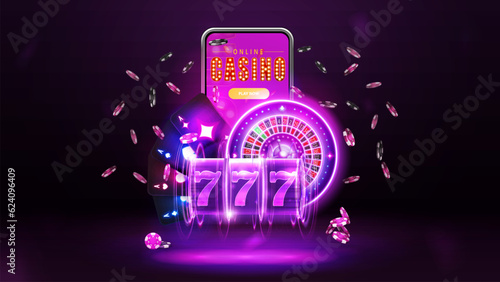 Online casino, banner with smartphone, purple neon slot machine, neon casino roulette, playing cards and poker chips