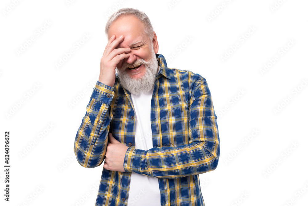 mature gray-haired retired man with a mustache and beard laughs on a white background mature gray-haired retired man with a mustache and beard laughs on a white background