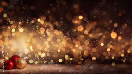 Weihnachtskugeln mit Lichter Bukeh und Glitzerstaub als Hintegrund für Druckvorlage und Grußkarten, ai generativ photo