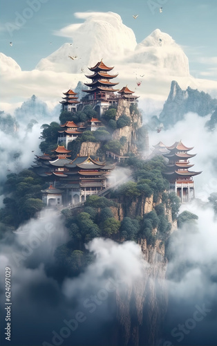 Chinese ancient architecture on the mountains created with Generative AI tecnology.