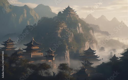 Chinese ancient architecture on the mountains,created with Generative AI tecnology.