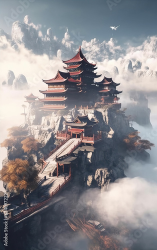 Chinese ancient architecture on the mountains,created with Generative AI tecnology. © henvryfo