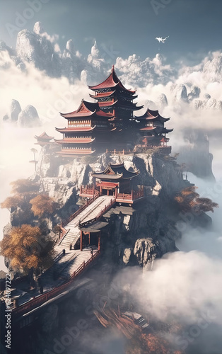 Chinese ancient architecture on the mountains,created with Generative AI tecnology.