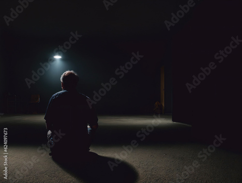 暗い部屋に一人ぼっちで膝を抱える男性の後ろ姿3: AI生成画像 Back view of a man holding his knees, alone in a dark room. generative AI